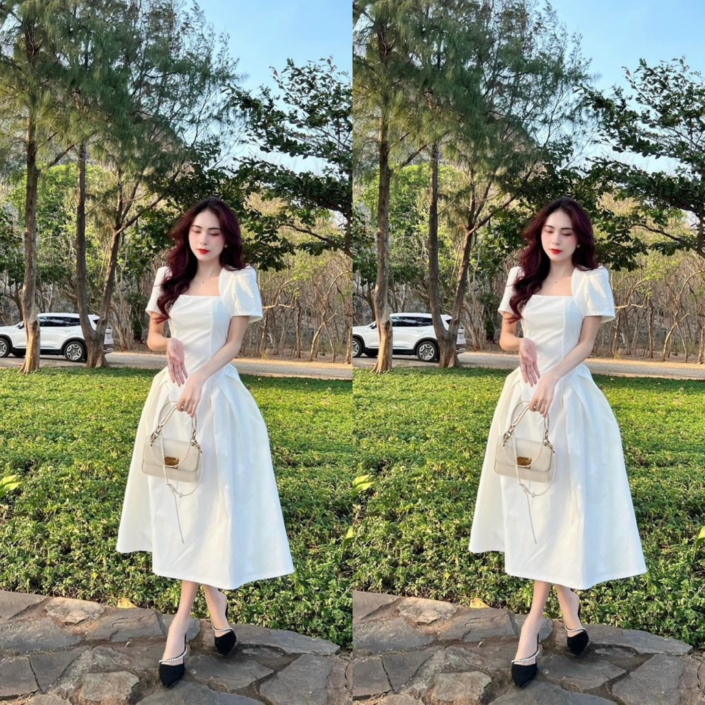[602] Đầm váy nữ dáng xòe tiểu thư họa tiết xếp ly ( có mút ngực ) sang chảnh cá tính màu trắng dễ thương duyên dáng