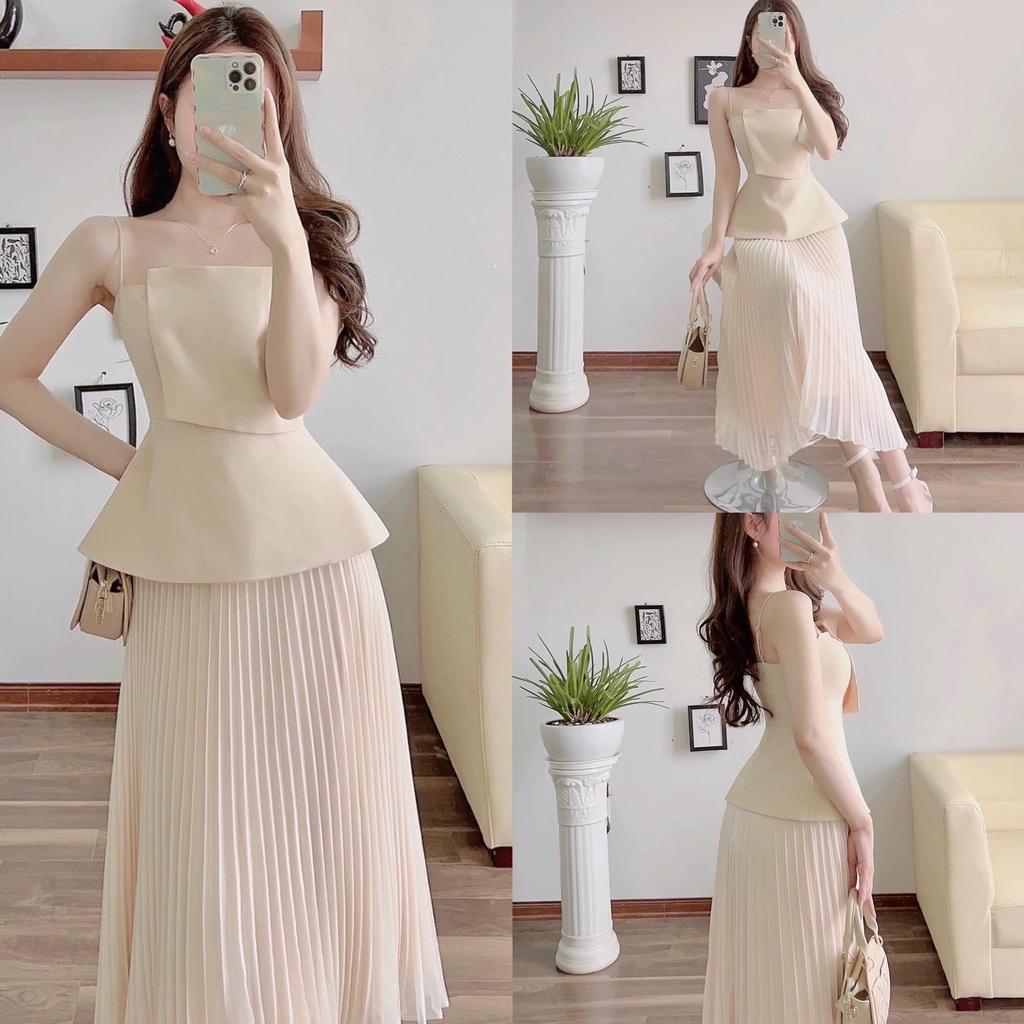 Set váy nữ áo 2 dây kết nơ siết eo phối chân váy dập ly cùng tone màu siêu dễ thương, xinh xắn phù hợp đi dự tiệc