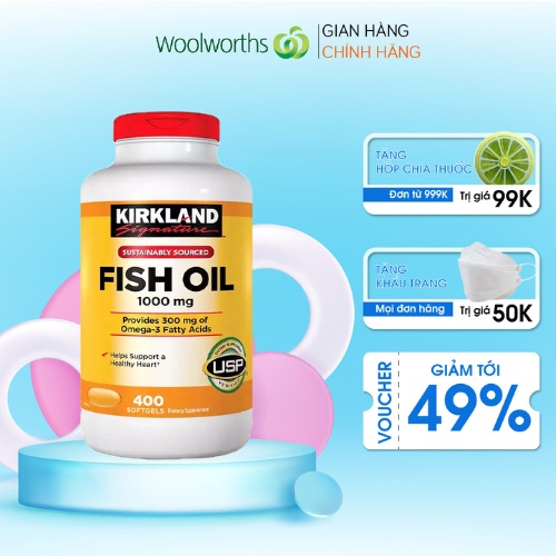 Viên uống bổ sung dầu cá Fish Oil 1000mg Kirkland Signature Của Mỹ hộp 400 viên - Ổn định huyết áp, hỗ trợ tim mạch