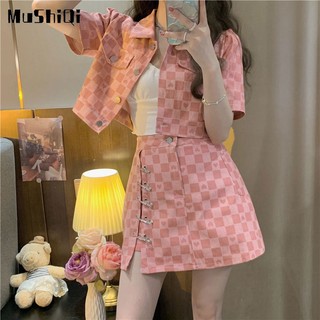 Set Áo Thun Ngắn Tay Và Chân Váy Ca Rô Thời Trang Dành Cho Nữ
