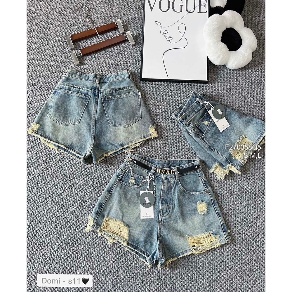 Quần short jean phối kiểu mài rách lưng cao hàng đẹp!