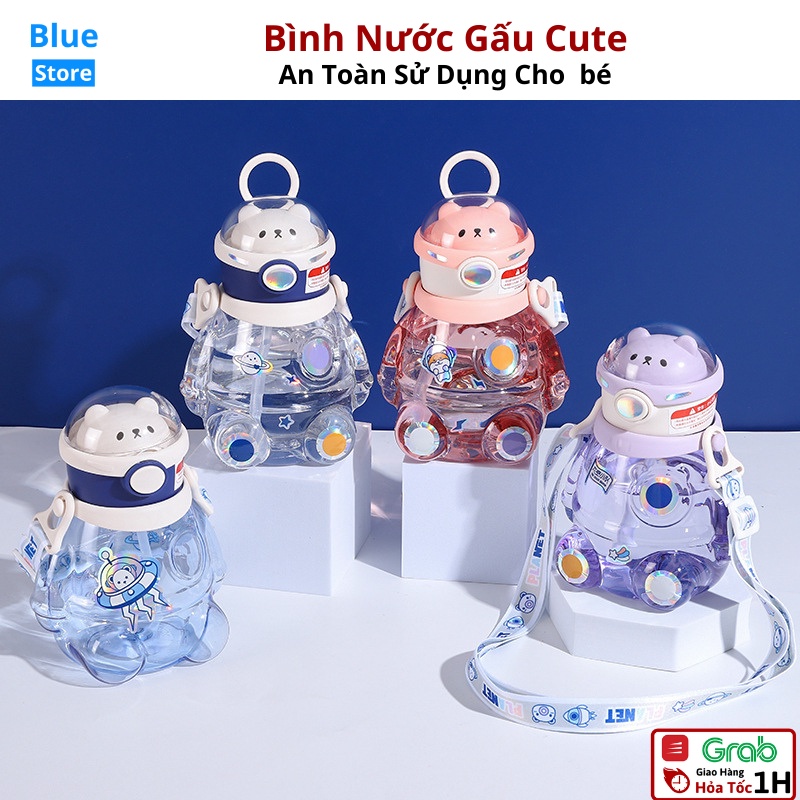Bình đựng nước dễ thương Gấu Phi Hành Gia cute dung tích 700ml, chịu nhiệt đến 100 độ có ống hút cho bé-BlueStore