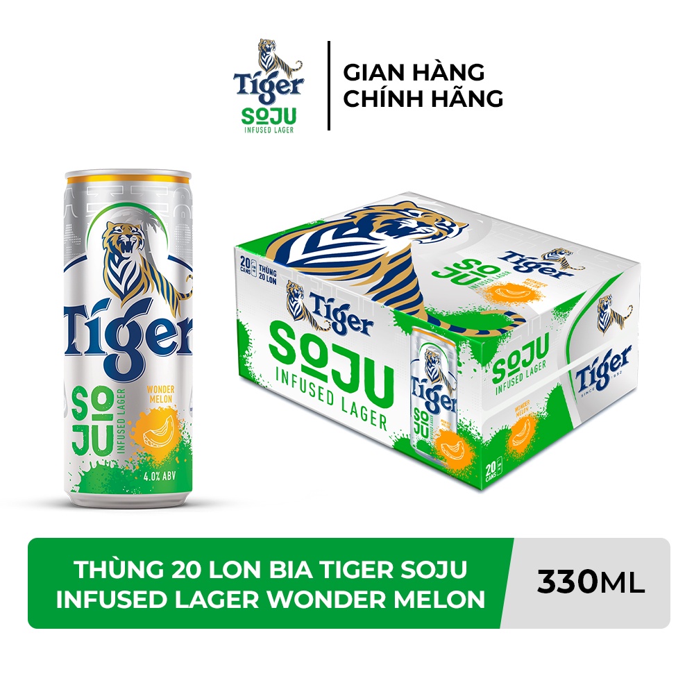 Nồng độ cồn 4% - Thùng 20 Lon Bia Tiger Soju Infused Lager Wonder Melon (vị Soju Dưa Lưới) 330ml/Lon