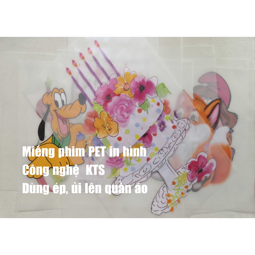 Miếng PET in hình Bánh sinh nhật rất đẹp, dễ dàng ủi, ép chuyển nhiệt lên áo váy bằng bàn ủi hay máy ép