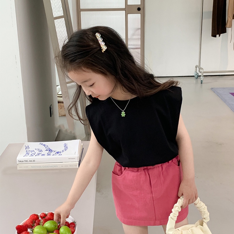 Áo thun khoét nách bé gái DINOKING Áo kiểu cho bé gái không tay có đệm vai thiết kế phong cách Hàn Quốc trẻ em AT32
