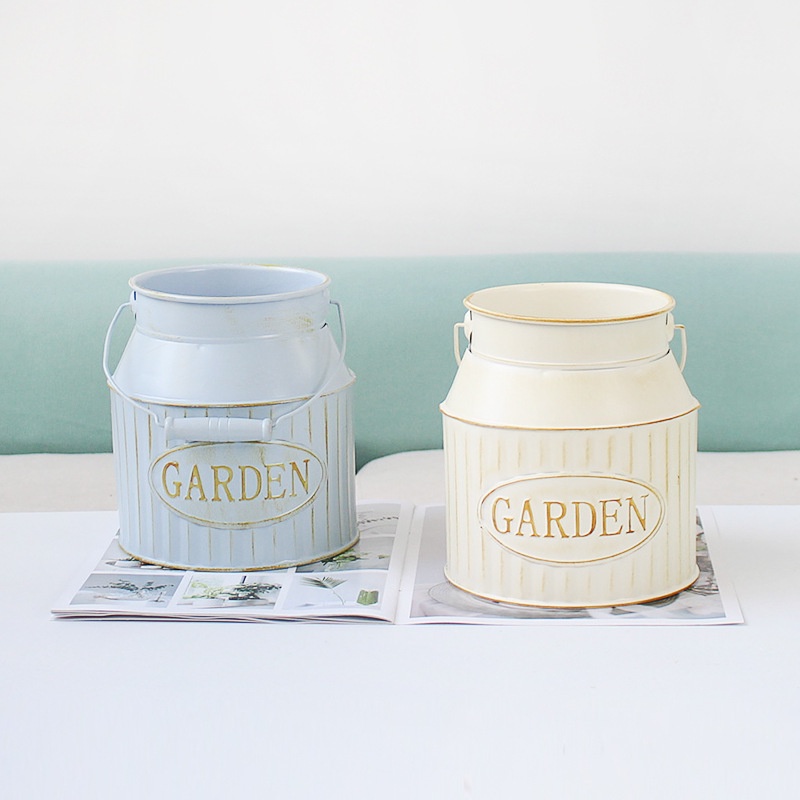 Bình cắm hoa thiếc có quai xách chậu phong cách Bắc Âu, xô sắt trồng hoa vintage