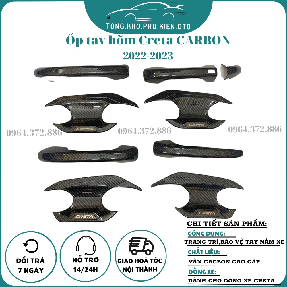 Ốp tay nắm, hõm cửa Carbon xe Huyndai Creta đời 2022- 2023 Mẫu vân Cacbon cao cấp