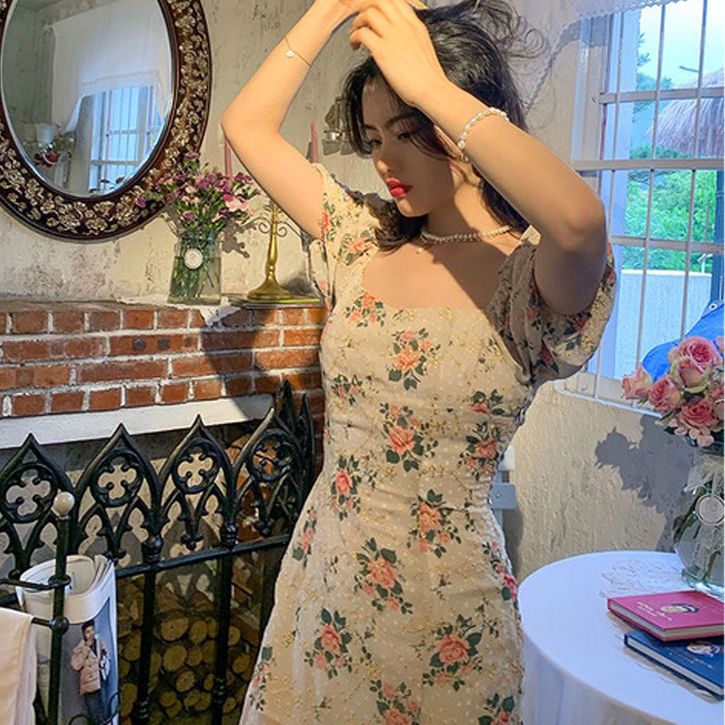 ❀ Đầm Tay Phồng Xẻ Tà In Họa Tiết Hoa Thời Trang Mùa Hè Xinh Xắn Cho Nữ