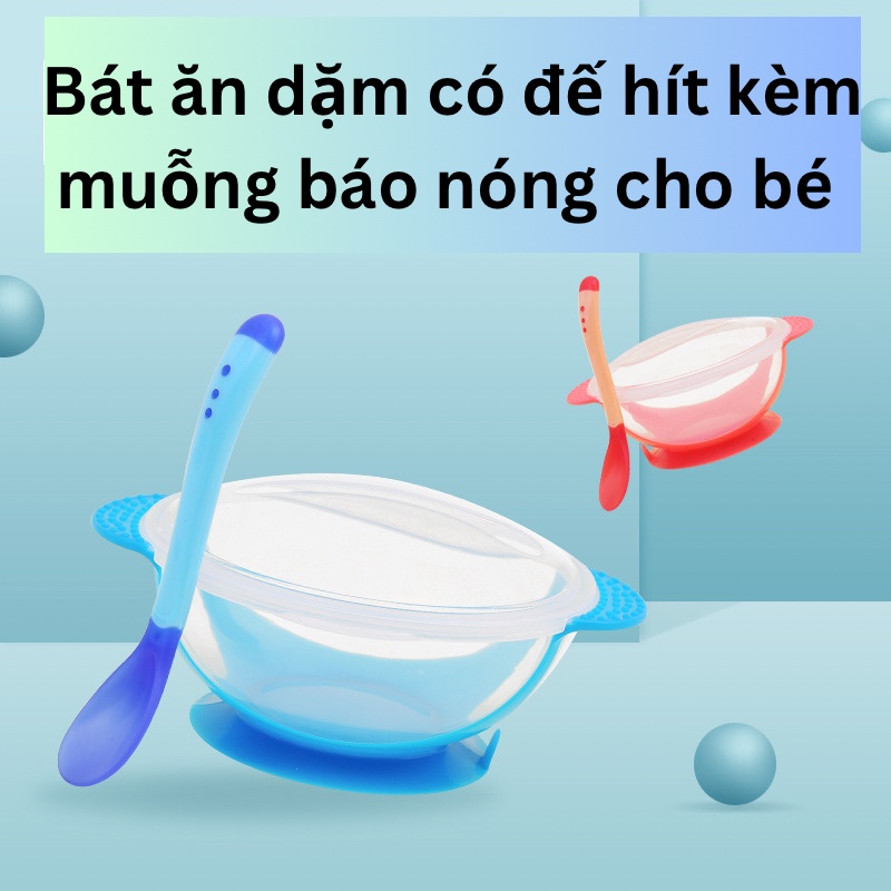 Bộ Chén/Bát ăn dặm bằng Silicon có đế dính kèm muỗng ăn báo nóng và có nắp đậy cho bé