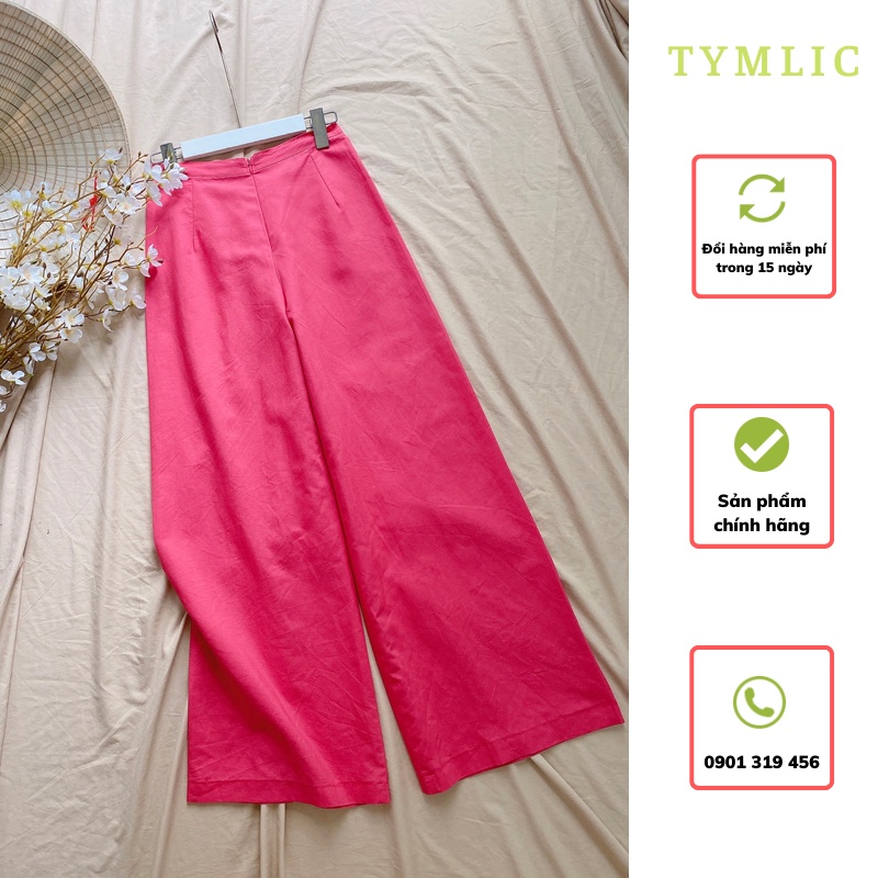 Quần Áo Dài Linen Ống Suông Rộng Cạp Chun Sau Màu Hồng Sen TYMLIC