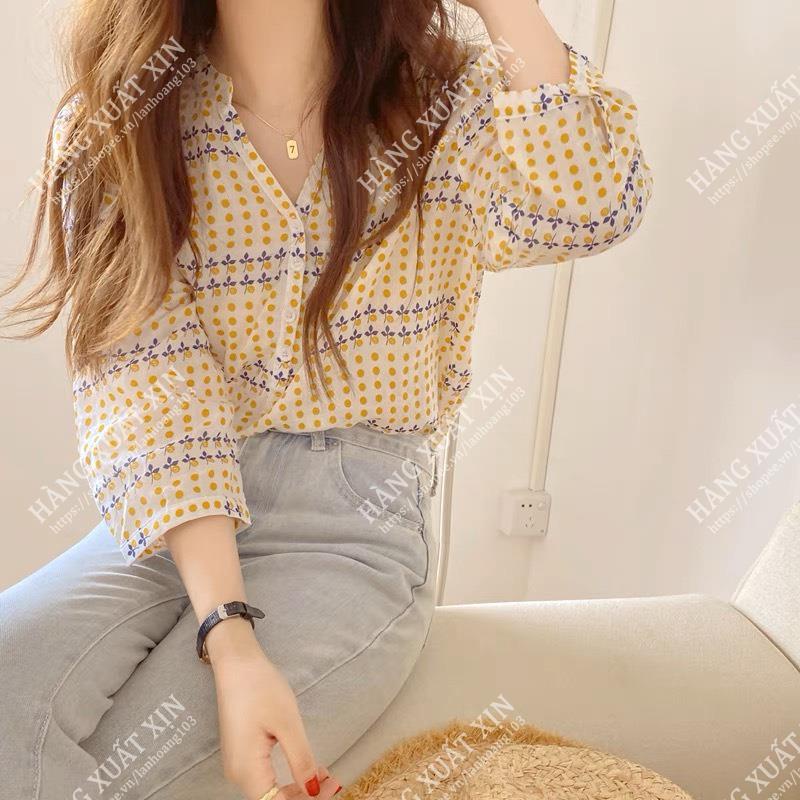 Áo sơ mi vero lụa họa tiết chấm bi sơ mi công sơ sơ mi họa tiết vải lụa mềm mát, không nhăn