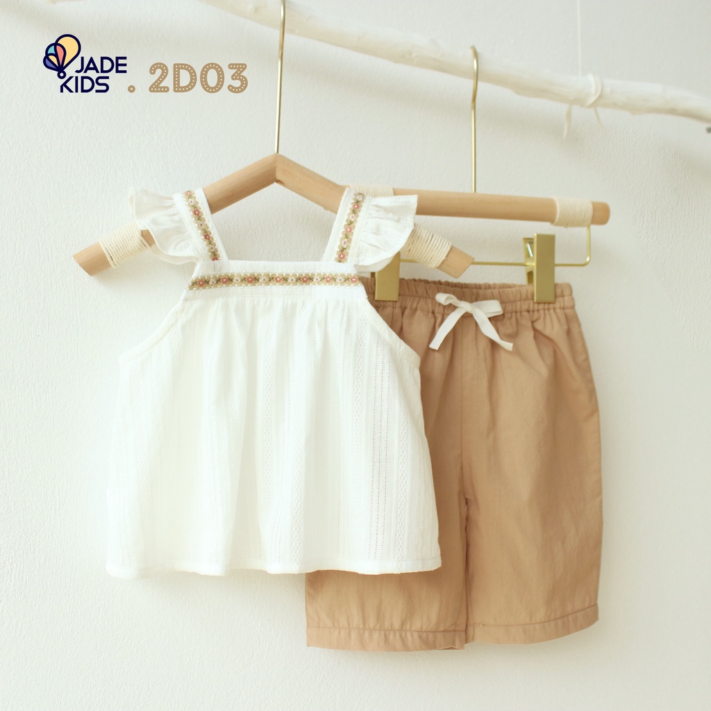 Bộ 2 dây bé gái, Bộ 2 dây phối hoa quần lửng chất liệu vải mềm nhẹ thoáng mát cho bé từ 7kg-17kg mã 2D03