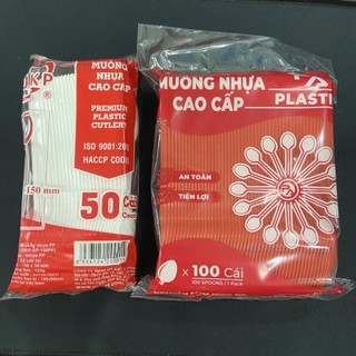 100 chiếc thìa-muỗng nhựa cứngg "cao cấp" 2 màu trắng/đỏ