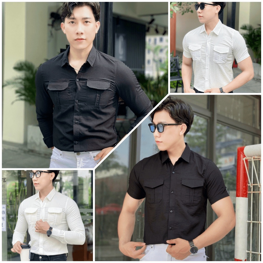 ÁO SƠ MI NAM CHẤT ĐŨI MÀU TRẮNG ĐEN HOTTREND, PHỐI TÚI THỜI TRANG "SIU HOT" - NEW UNISEX