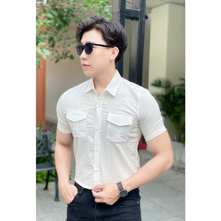 ÁO SƠ MI NAM CHẤT ĐŨI MÀU TRẮNG ĐEN HOTTREND, PHỐI TÚI THỜI TRANG "SIU HOT" - NEW UNISEX