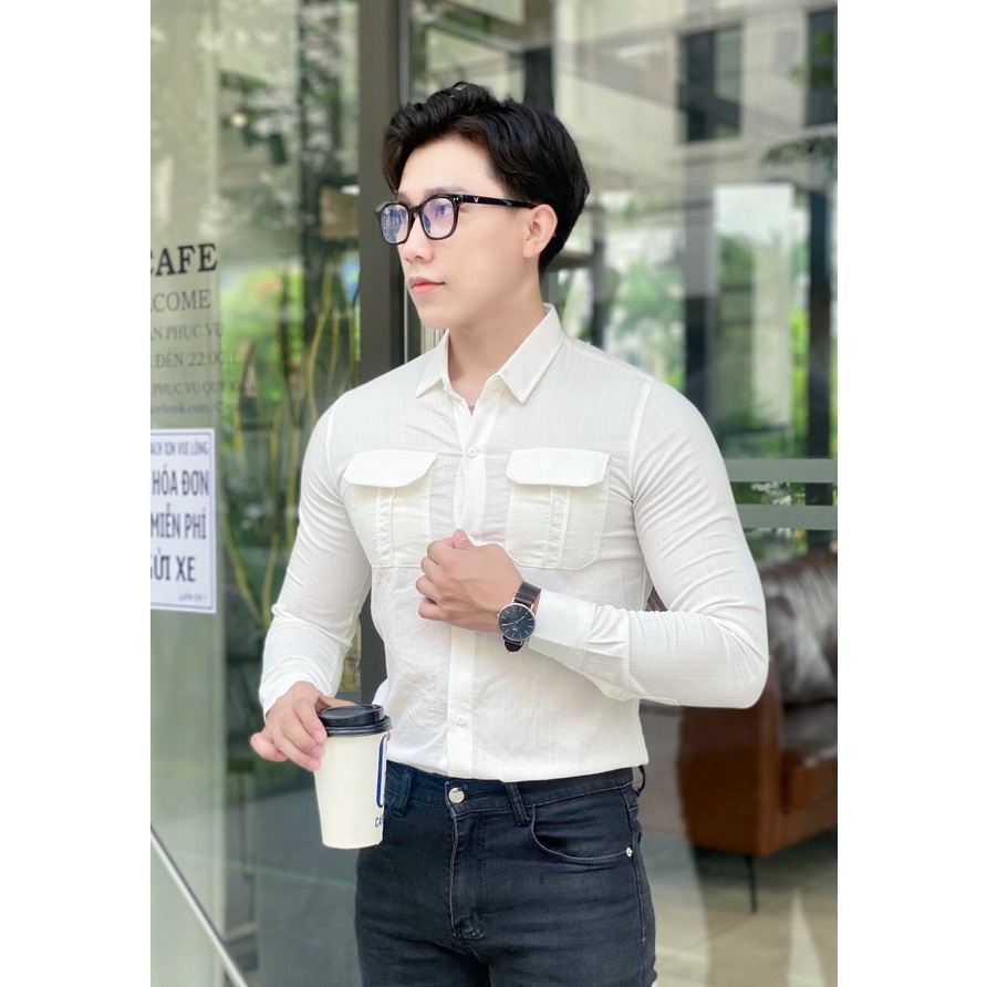 ÁO SƠ MI NAM CHẤT ĐŨI MÀU TRẮNG ĐEN HOTTREND, PHỐI TÚI THỜI TRANG "SIU HOT" - NEW UNISEX