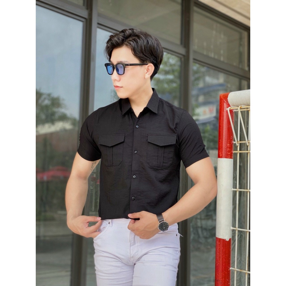 ÁO SƠ MI NAM CHẤT ĐŨI MÀU TRẮNG ĐEN HOTTREND, PHỐI TÚI THỜI TRANG "SIU HOT" - NEW UNISEX