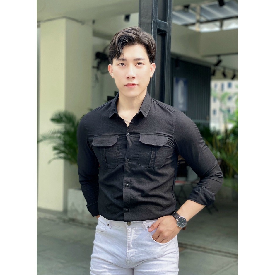 ÁO SƠ MI NAM CHẤT ĐŨI MÀU TRẮNG ĐEN HOTTREND, PHỐI TÚI THỜI TRANG "SIU HOT" - NEW UNISEX