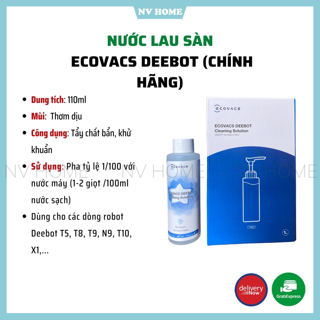 Nước lau sàn chuyên dụng chính hãng cho robot hút bụi Ecovacs Deebot T8, T9, T10, X1 Omni, X1 Turbo, N9 plus Dreame W10