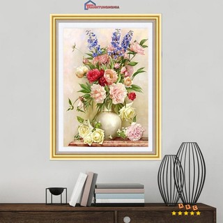 Tranh đính đá DD9491 (71cm x 59cm), tranh thêu chữ thập bình hoa khoe sắc DV6318 (50cm x 60cm)