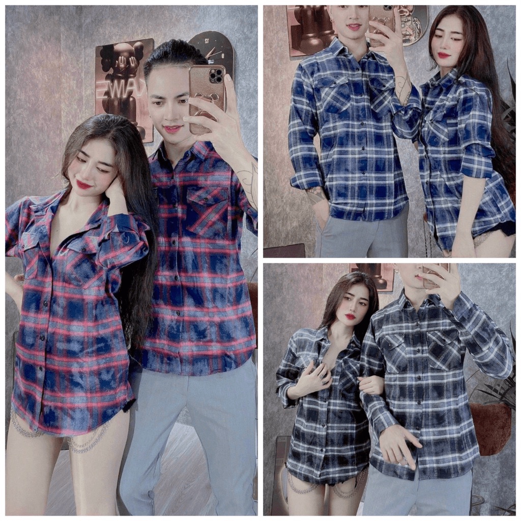 Áo Sơ Mi CARO XỊN BÔNG TRƠN, TAY NGẮN thời trang Cặp đôi "Siu hot" - NEW UNISEX