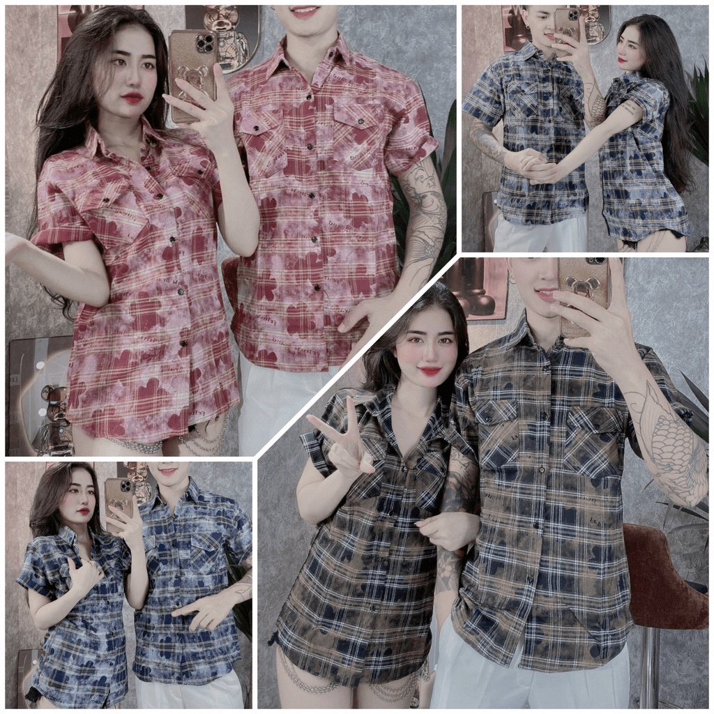 Áo Sơ Mi CARO XỊN BÔNG TRƠN, TAY NGẮN thời trang Cặp đôi "Siu hot" - NEW UNISEX