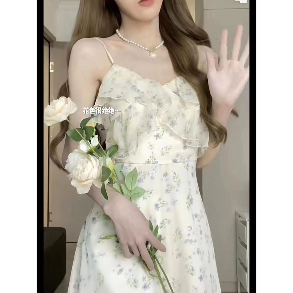 Váy 2 dây Đầm hoa dây Voan công chúa dịu dàng hoa nhài +Cardigan  mỏng Đầm váy đẹp dài và ngắn mùa hè bộ đồ nữ hai mảnh