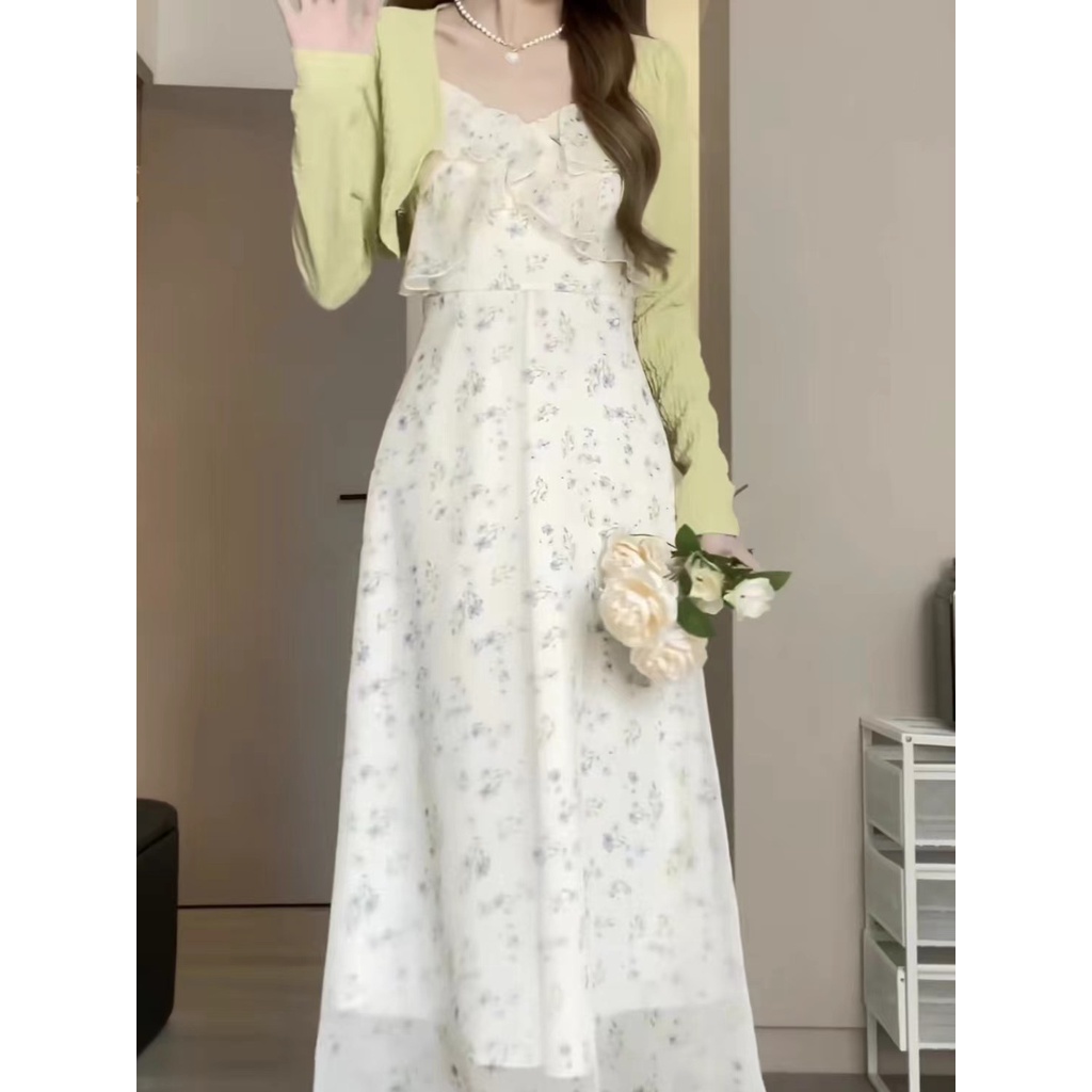 Váy 2 dây Đầm hoa dây Voan công chúa dịu dàng hoa nhài +Cardigan  mỏng Đầm váy đẹp dài và ngắn mùa hè bộ đồ nữ hai mảnh
