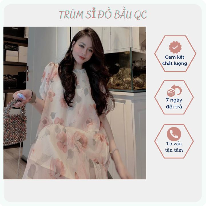 Váy hoa, Đầm hoa nhí, đầm bầu hoa chất vải lụa tơ cao cấp. Thiết kế 2 lớp có lót trong giúp che khuyết điểm