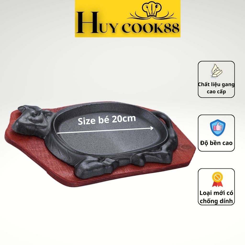 Chảo Gang Bò Né Chống Dính Kèm Đế Lót Gỗ Làm Bít Tết Loại Nhỏ HUYCOOK88 Chảo Nướng Gang Giúp Làm Chín Thịt Bò Nhanh