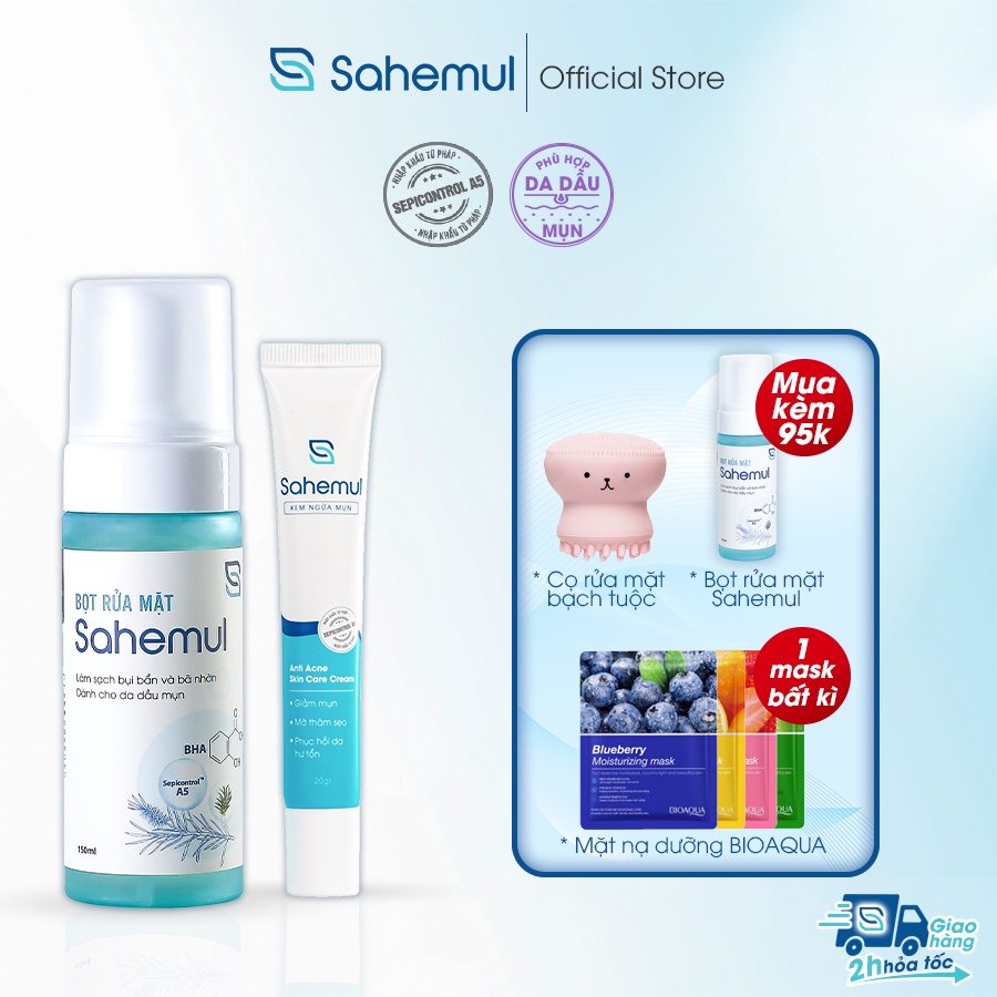 Combo Sạch Mụn gồm Kem Chấm Mụn Trứng Cá, Mờ Thâm Sahemul 20gr & Bọt Rửa Mặt Làm Sạch Sâu Êm Dịu Sahemul 150ml