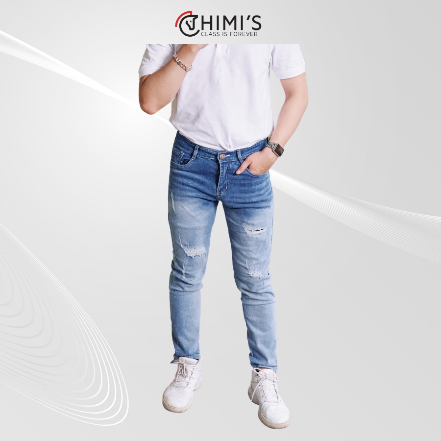 Quần jean nam rách gối sước ống CHIMI_M55 quần bò dáng Slim Fit màu Xanh bạc vải Cotton co giãn thoáng mát dễ vận động