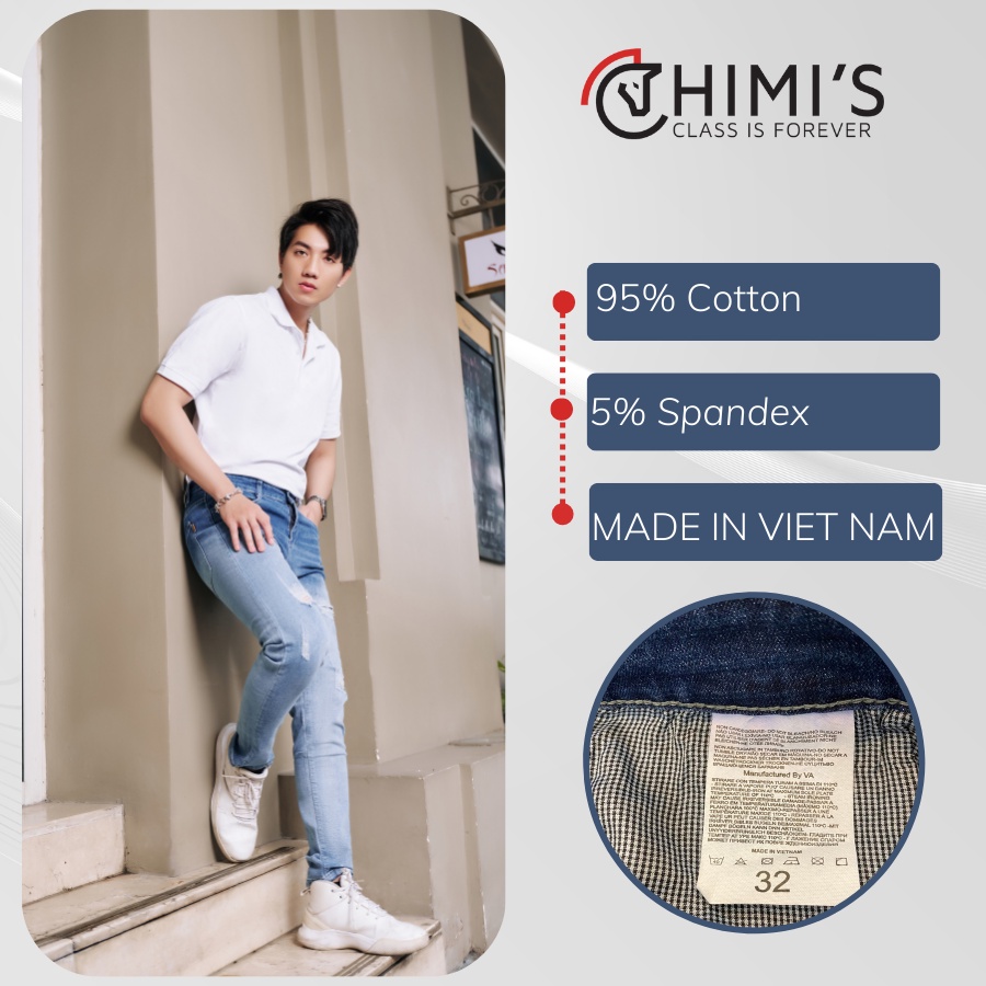 Quần jean nam rách gối sước ống CHIMI_M55 quần bò dáng Slim Fit màu Xanh bạc vải Cotton co giãn thoáng mát dễ vận động