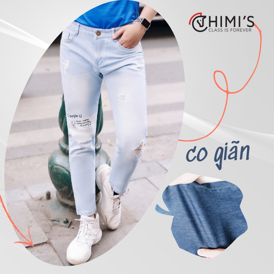 Quần jean nam rách sước CHIMI-M294 quần bò nam dáng Slim Fit màu Xanh bạc vải Cotton co giãn thoáng mát dễ vận động