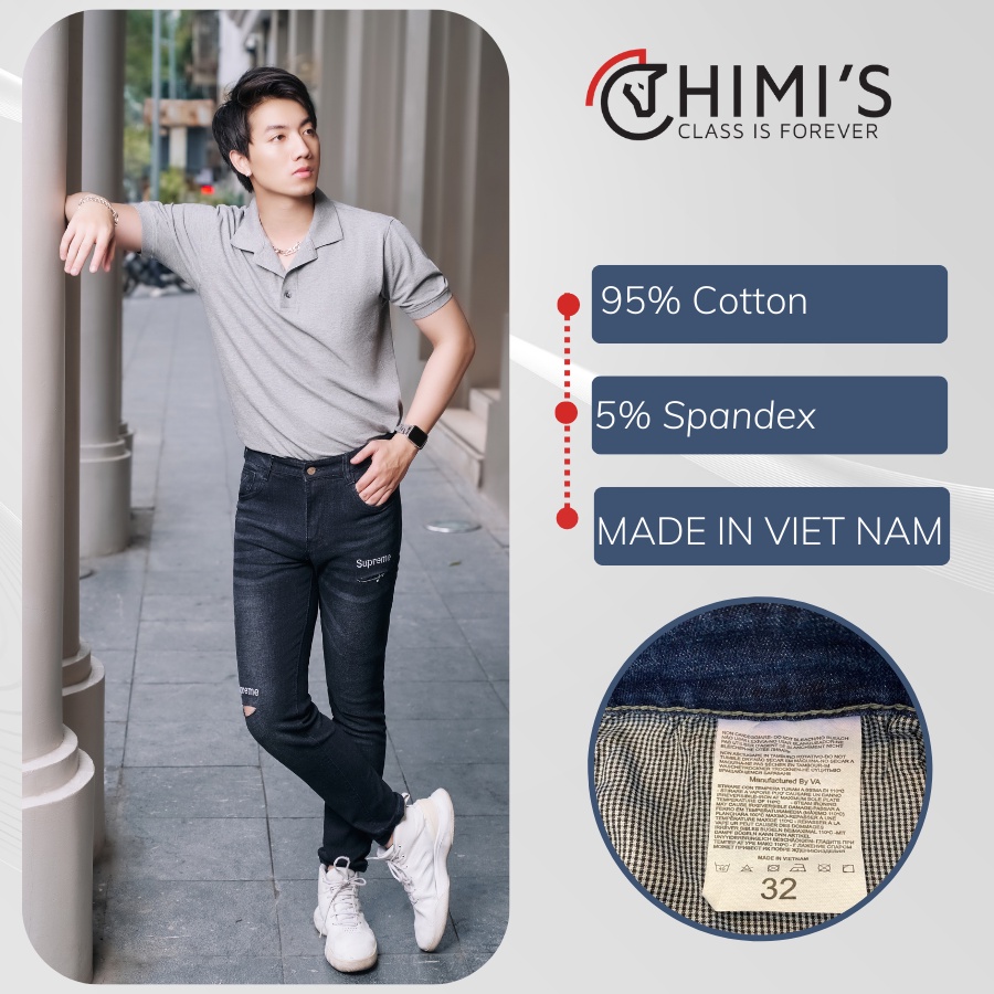 Quần jean nam rách gối sước ống CHIMI 9363 quần bò dáng Slim Fit màu Đen xám vải Cotton co giãn thoáng mát dễ vận động