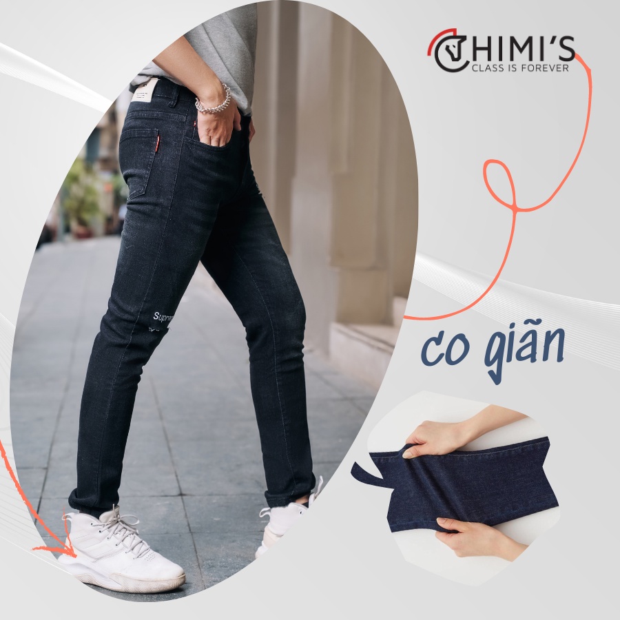 Quần jean nam rách gối sước ống CHIMI 9363 quần bò dáng Slim Fit màu Đen xám vải Cotton co giãn thoáng mát dễ vận động