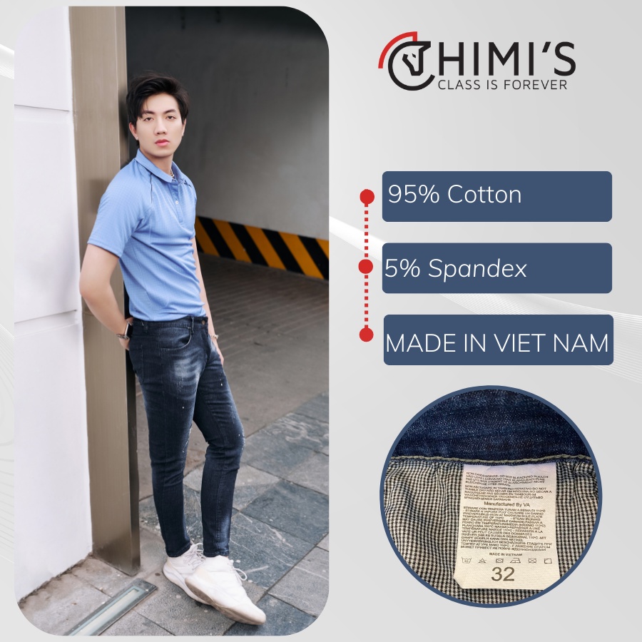 Quần jean nam rách sước CHIMI-1385 quần bò nam dáng Slim Fit màu Đen xám vải Cotton co giãn thoáng mát dễ vận động