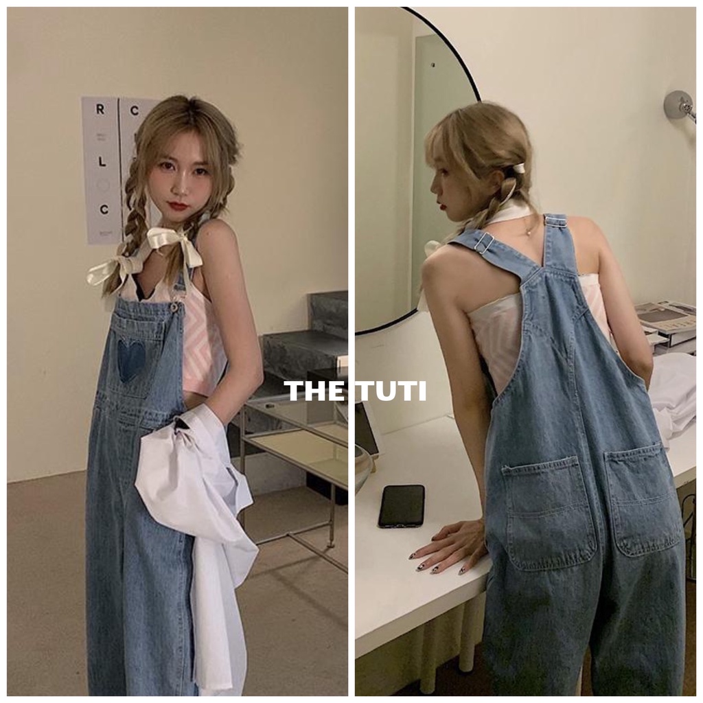 Quần yếm jeans ống rộng phủ giày in hình TRÁI TIM Hàn Quốc - năng động, cá tính, dễ thương - THETUTI