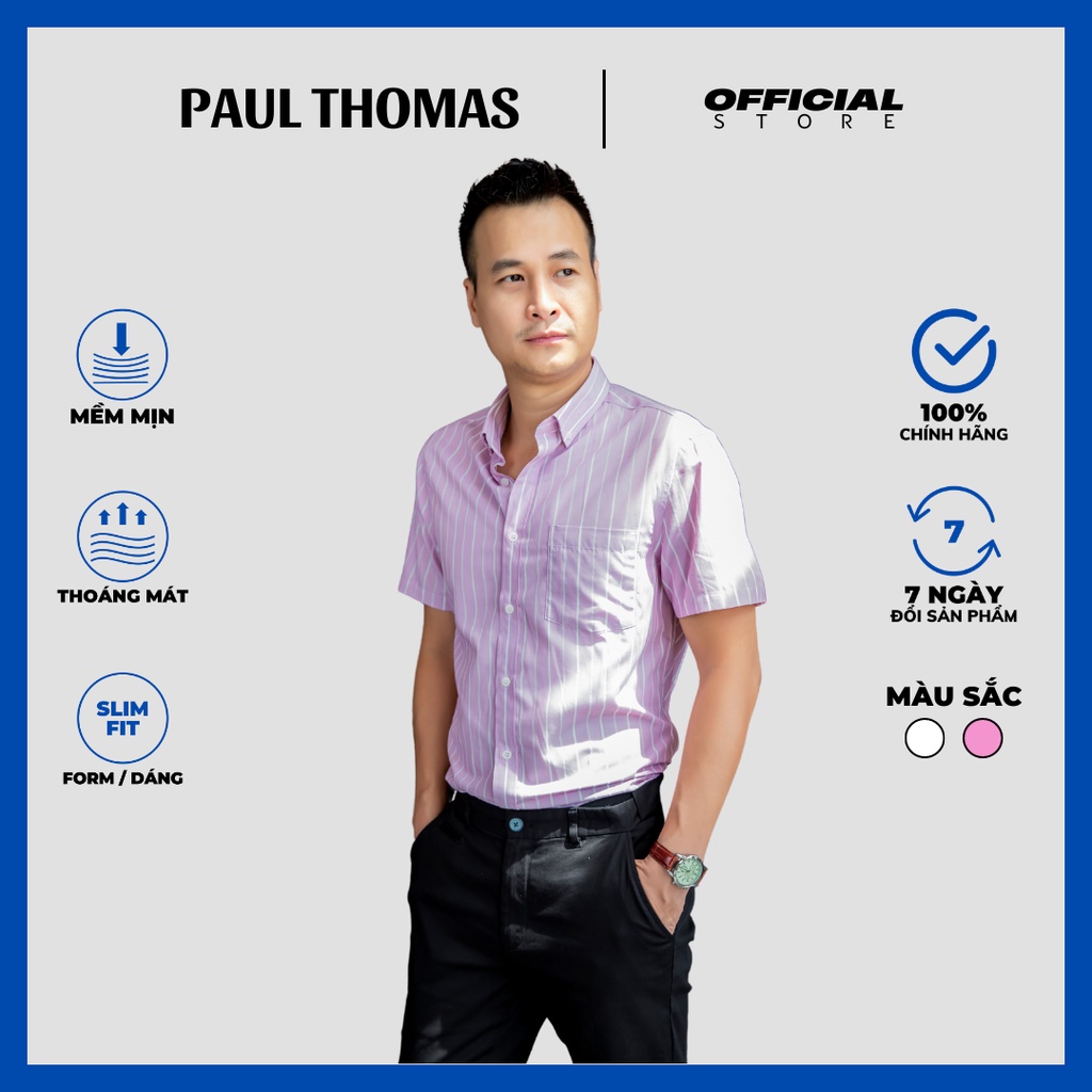 ÁO SƠ MI NAM CỘC TAY HỒNG KẺ SỌC, GHI KẺ SỌC, HÀNG CHÍNH HÃNG - PAUL THOMAS