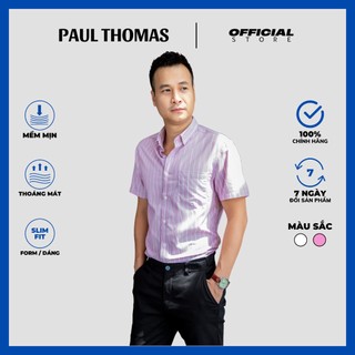 Áo sơ mi nam cộc tay hồng kẻ sọc, ghi kẻ sọc, hàng chính hãng - paul thomas