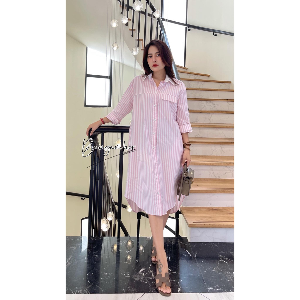 Đầm sơ mi nữ dáng suông dài sọc hồng vải kate cao cấp phong cách thời trang sang trọng – AMBER