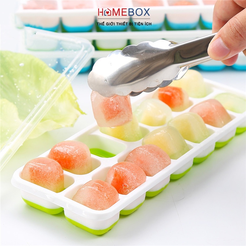 Khay Làm Đá Silicon Có Nắp Đậy 14 Viên, Khay Đựng Đá Tủ Lạnh Làm Thạch Kem Bảo Quản Chống Mùi Tuyệt Đối