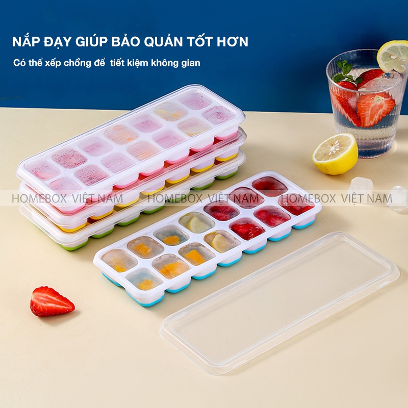 Khay Làm Đá Silicon Có Nắp Đậy 14 Viên, Khay Đựng Đá Tủ Lạnh Làm Thạch Kem Bảo Quản Chống Mùi Tuyệt Đối