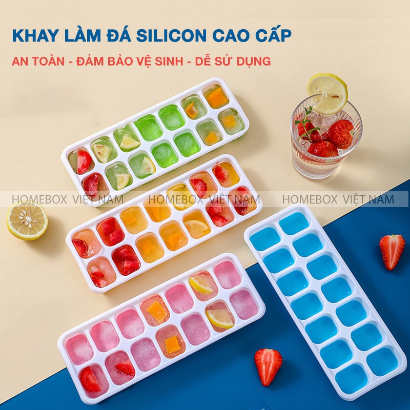 Khay Làm Đá Silicon Có Nắp Đậy 14 Viên, Khay Đựng Đá Tủ Lạnh Làm Thạch Kem Bảo Quản Chống Mùi Tuyệt Đối