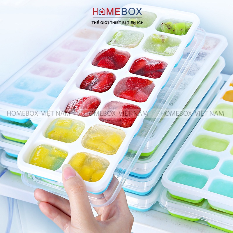 Khay Làm Đá Silicon Có Nắp Đậy 14 Viên, Khay Đựng Đá Tủ Lạnh Làm Thạch Kem Bảo Quản Chống Mùi Tuyệt Đối