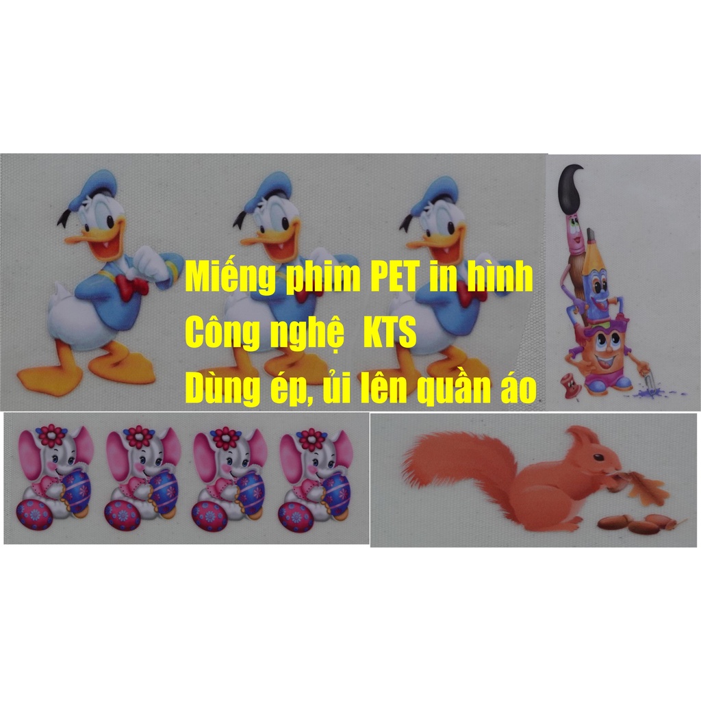 Miếng PET in hình trang trí ngộ nghĩnh, đẹp, sắc nét, dễ dàng ủi, ép chuyển nhiệt lên áo quần bằng bàn ủi hay máy ép
