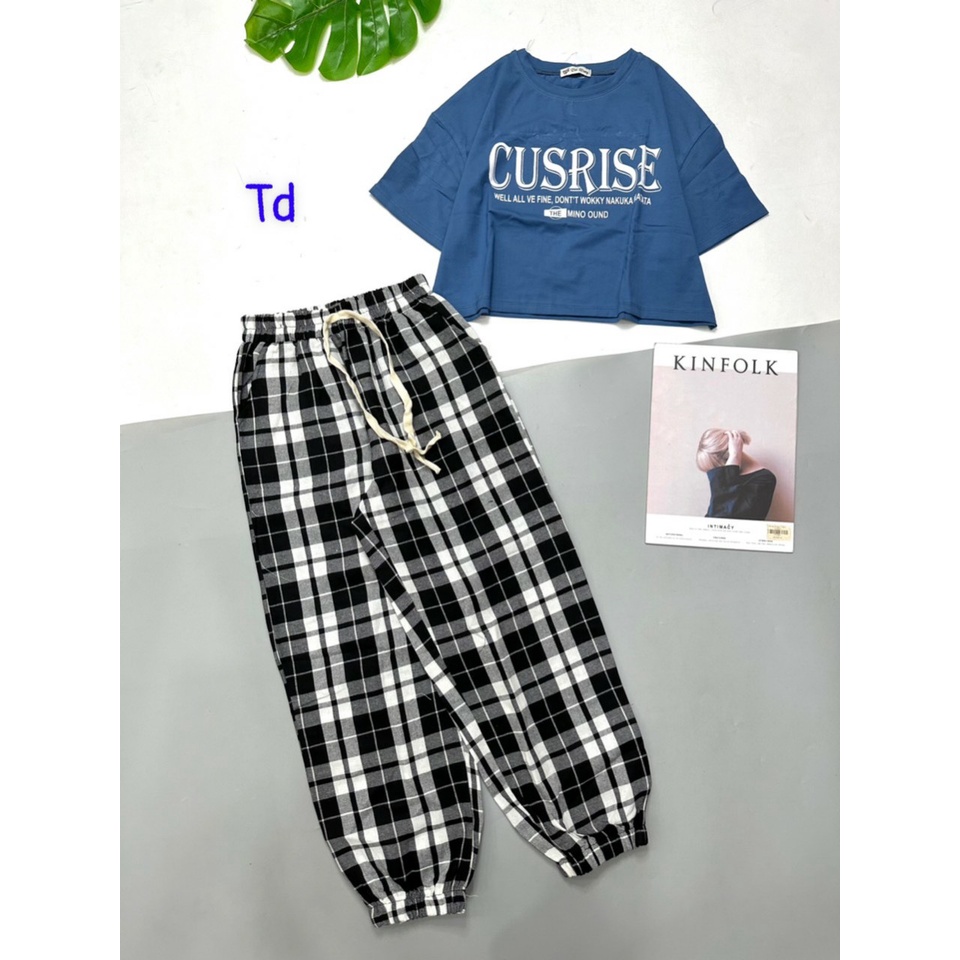 Bộ quần áo ở nhà - Bộ đồ đi dạo phố - Bộ Quần dài tay ngắn caro croptop ống túm - Danangsale