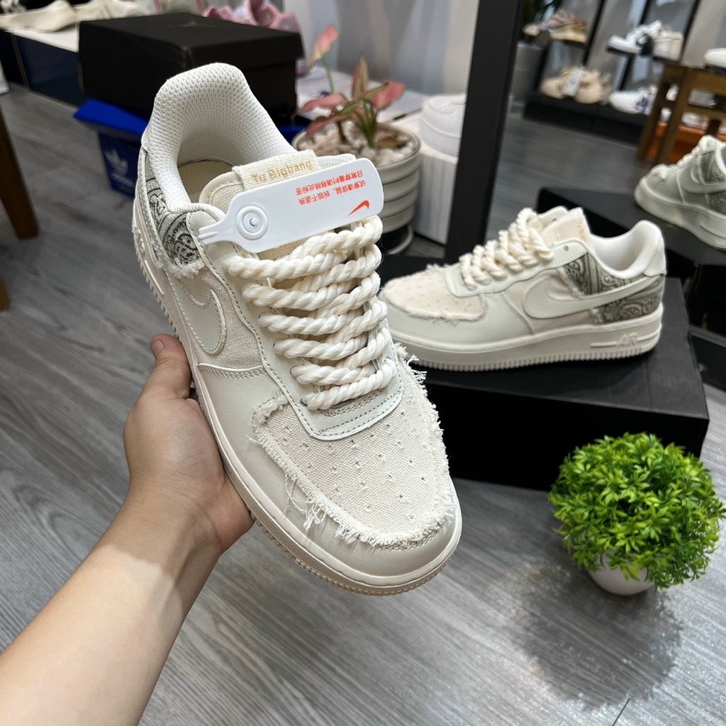 Giày thể thao AF1 dây thừng họa tiết Paisley màu kem, Giày sneaker thổ cẩm dây thừng nam nữ full bill box đi siêu êm