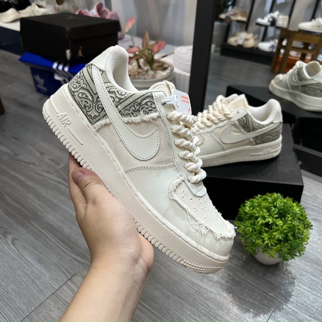 Giày thể thao AF1 dây thừng họa tiết Paisley màu kem, Giày sneaker thổ cẩm dây thừng nam nữ full bill box đi siêu êm