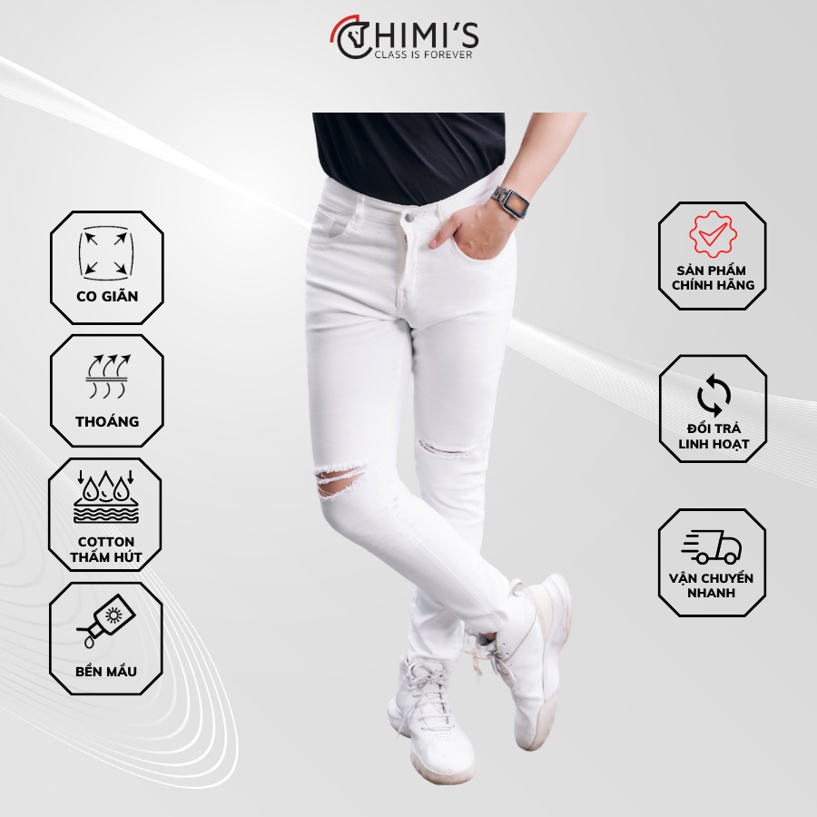 Quần jean nam trắng rách sước CHIMIS-303,trắng trơn CHIMIS-25 Dáng Slim vải Cotton co giãn thoáng mát dễ vận động